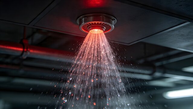 Fire Sprinkler Spraying Water for Automatic Fire Suppression System, Building Fire Safety Equipment, Emergency Protection, Fire Prevention and Commercial Property Safety
