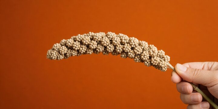 A hand holding a dried foxtail millet grain stem against a warm orange background representing healthy organic food and natural ingredients