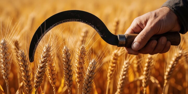 A close-up shot of an adult farmer harvesting ripe golden wheat crops manually with a traditional sickle in a field during harvest season