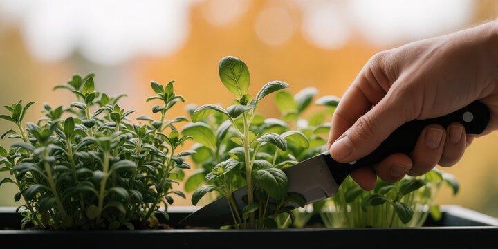 Person harvesting fresh green herbs with a knife from an indoor window planter box representing urban gardening and sustainable living