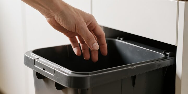 Close up of a caucasian man throwing trash into an empty modern kitchen bin representing waste disposal and recycling concepts