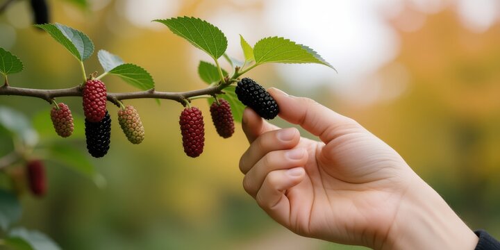 Person picking ripe black mulberry from tree branch with various stages of fruit maturity in orchard harvesting concept