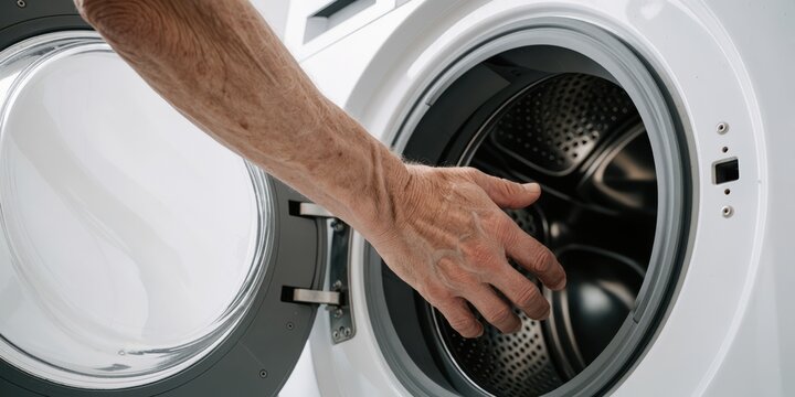 Elderly man reaching into the washing machine drum to load laundry at home, focusing on senior care and domestic chores