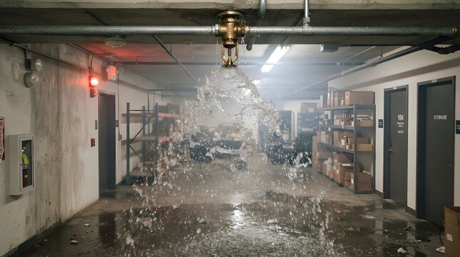 Fire Sprinkler Spraying Water for Automatic Fire Suppression System, Building Fire Safety Equipment, Emergency Protection, Fire Prevention and Commercial Property Safety