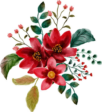 Red watercolor flowers and green leaves bouquet