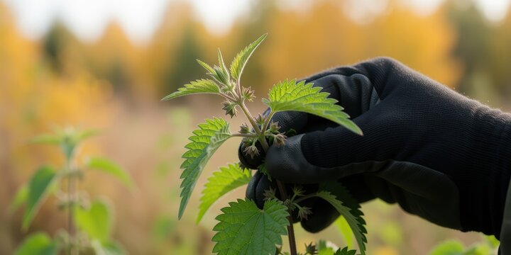 Person wearing protective gloves harvesting stinging nettle plant in nature representing sustainable herbal medicine foraging and wild crafting concepts