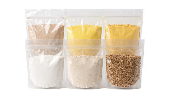 Transparent stand-up pouches with dry food powders and grains. Plastic zip bags for food storage. Clear flexible packaging for bulk ingredients. isolated PNG with Transparent Background