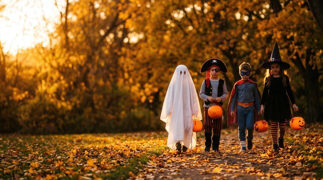 Children in Halloween costumes walking through autumn forest at sunset with pumpkin pails for seasonal retail marketing and trick-or-treat promotion