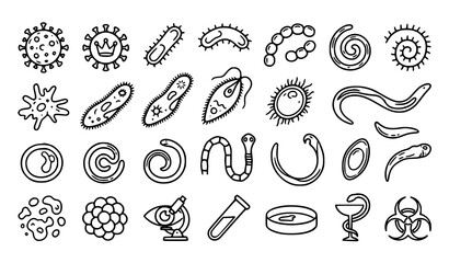 Fototapeta premium Hand Drawn Viruses Parasites and Microorganisms Outline Icon Collection