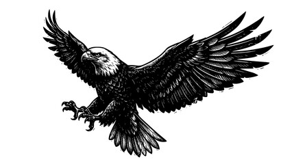 Fototapeta premium Fierce Bald Eagle Mascot Soaring Vintage Woodcut Engraving Vector