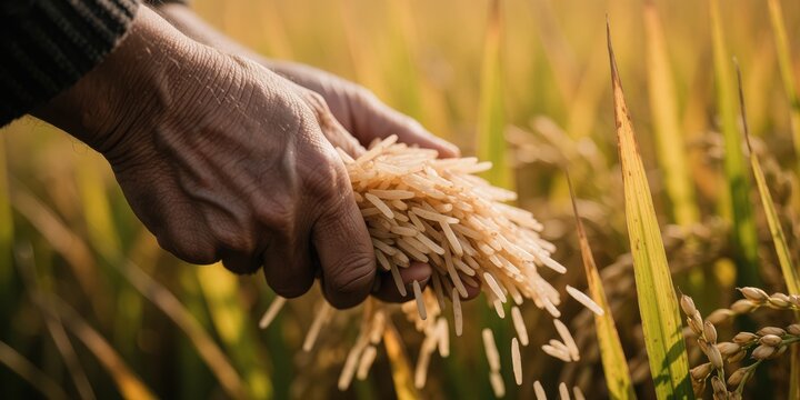 Elderly male farmer holding harvested rice grains in a paddy field, representing sustainable agriculture and food production in rural Asia.