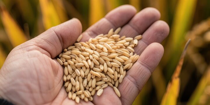 A close-up view of a farmer holding a handful of freshly harvested rice grains, representing agriculture, sustainability, and the autumn harvest season