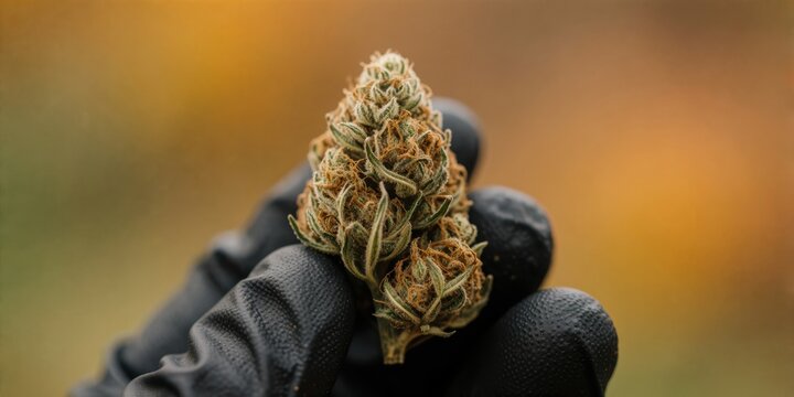 Gloved hand holding cannabis bud in cultivation facility representing medical marijuana harvesting and quality inspection process in professional indoor grow operation