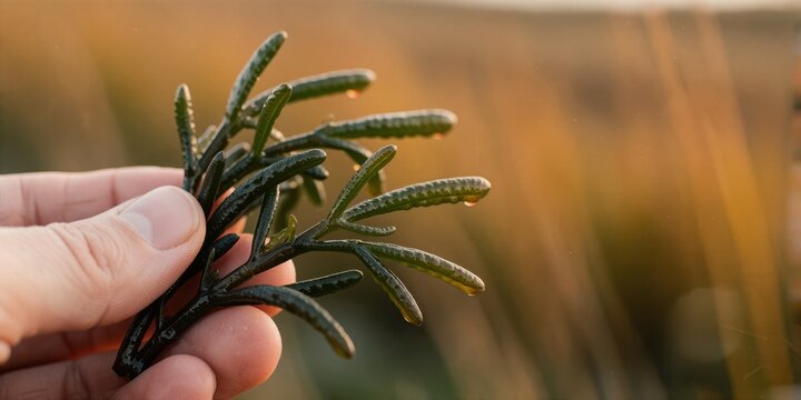 Fresh samphire being held in hand close up, representing sustainable foraging, coastal harvesting and healthy edible sea vegetables