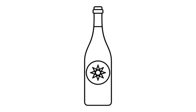 Minimalist line art drawing of a wine bottle featuring a geometric star emblem label on white background.