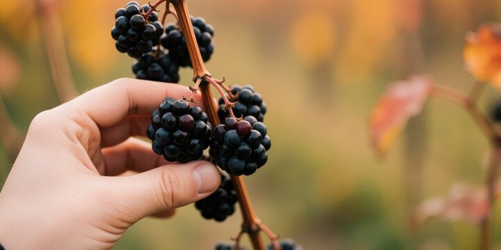 Person harvesting ripe organic blackberries from branch in autumn orchard for healthy fresh food