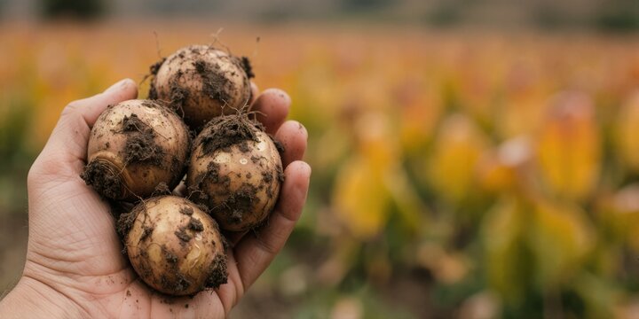 A close-up view of a farmer holding freshly harvested organic potatoes with soil in a field for agricultural and food concepts