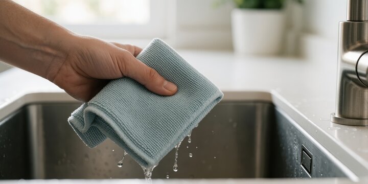 Woman squeezing water from a blue microfiber cleaning cloth over a kitchen sink, household chores and daily routine concept