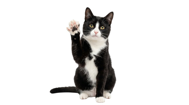 Tuxedo cat waving paw, black and white domestic cat sitting and greeting, friendly feline pet raising hand for high five isolated PNG with Transparent Background