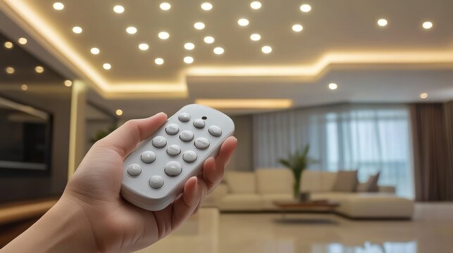 Hand holding a white modern television remote control inside a blurred luxury living room with recessed ceiling lights and comfortable furniture for a smart home