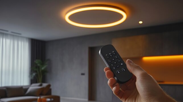 Hand holds modern wireless remote controller to adjust circular ceiling light fixture inside luxurious living room area with soft warm ambient illumination and stylish contemporary decor