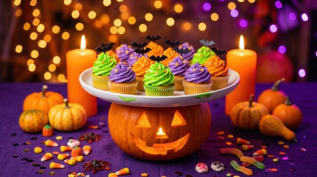 Halloween cupcakes on a stand supported by a glowing jack-o'-lantern centerpiece. Festive dessert table with candy corn and pumpkins for seasonal party promotion.
