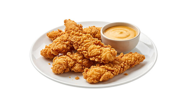 Crispy golden chicken tenders on white plate, fried breaded chicken strips with dipping sauce, crunchy poultry snack for menu isolated PNG with Transparent Background