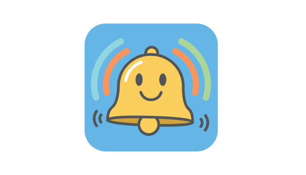 Cute yellow notification bell icon with a friendly smiling face and colourful sound waves on a rounded blue square.