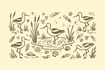Naklejka premium Group of cute shorebirds standing in a shallow pond with reeds and aquatic plants hand drawn Vector, illustration
