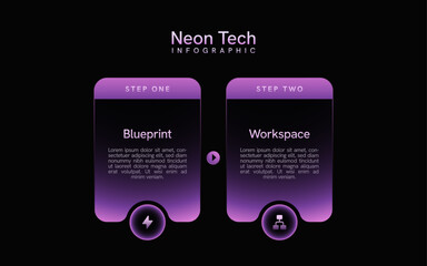 Naklejka premium Modern 2 step infographic template with neon pink gradient, dark tech background, minimal workflow diagram, business process, presentation layout, digital strategy visualization