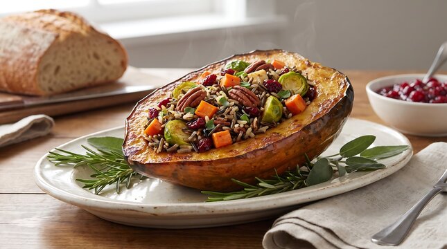 Roasted stuffed acorn squash with wild rice pecans and cranberries on rustic table setting