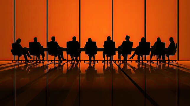 Silhouetted figures seated around a long table in a brightly lit, modern room
