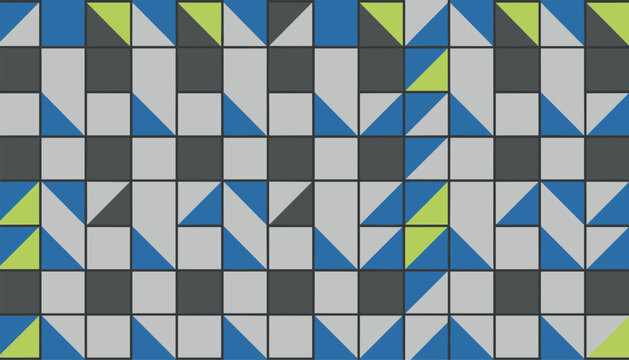 Abstract seamless geometric pattern featuring a grid of modular squares and triangles in grey, blue, and lime green.