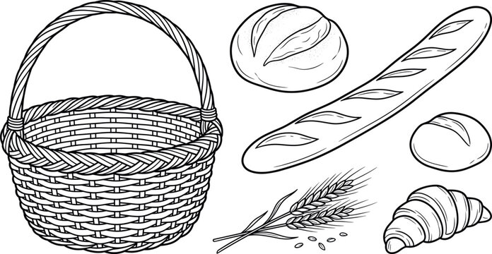Fresh bakery bread line art set with woven wicker basket French baguette round loaf croissant and wheat vector