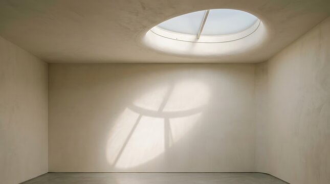 An oval glass ceiling skylight projects a rounded beam of sunlight and window frame shadow onto a smooth neutral beige wall inside an empty minimalist room with generous copy space.