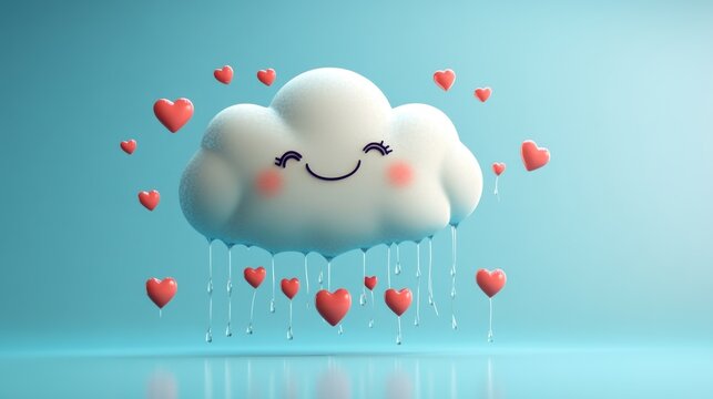 Happy white fluffy cartoon cloud with a smiling face raining red hearts isolated on a soft light blue background creating a cheerful and whimsical mood