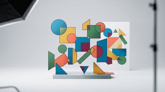 Abstract composition of colorful geometric shapes on a stand