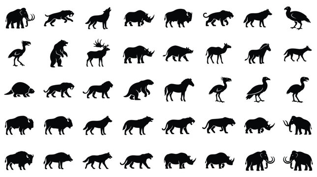 Large set of 40 prehistoric animal silhouettes featuring ice age megafauna like woolly mammoths, saber-toothed cats, dire wolves, rhinos, bison, and diverse extinct bird species.