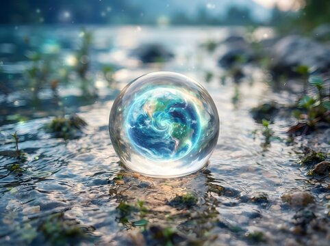 A glowing crystal sphere displays a miniature earth over a rocky landscape