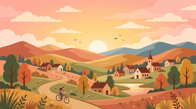 Autumn countryside landscape with village and bicycle rider at sunset