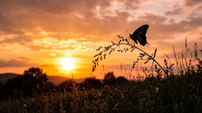Butterfly silhouette on a plant at sunset