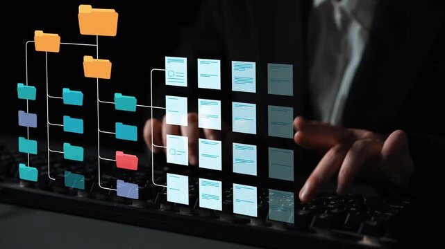 Abstract illustration of digital file management system showcasing organized folders interconnected by streams of data and documents against a dark background. Entropy.