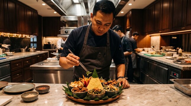 Chef preparing traditional Indonesian yellow rice tumpeng in restaurant