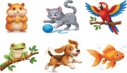 Cute Cartoon Domestic Pets and Small Animals Character Set Isolated on White Background