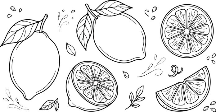 Fresh lemon citrus fruit vector illustration element set featuring whole lemons cut halves slices juice splashes and leaves