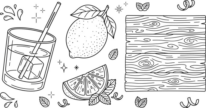 Fresh lemonade drink line art vector background template with glass lemon slice mint leaves and wooden board plank,