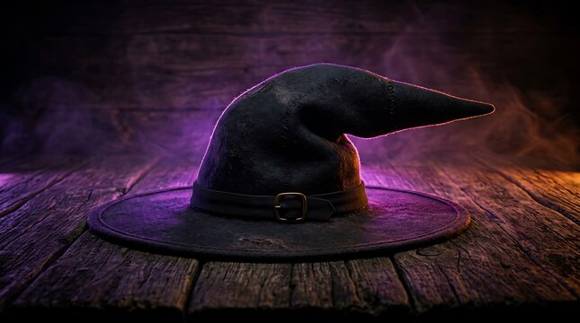 Classic black witch hat with buckle on a rustic wooden table with purple and orange glow
