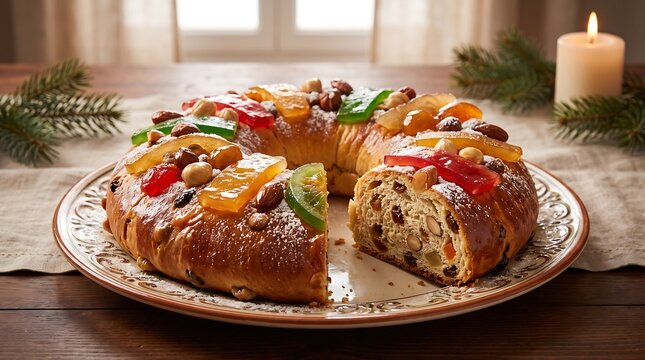 Traditional Christmas epiphany ring cake with candied fruits and nuts on a festive rustic table