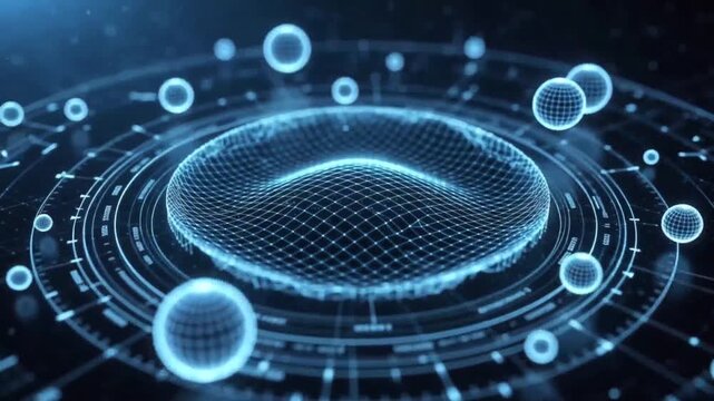 nimation futuristic sci-fi digital of a navigation interface with orbiting markers in a dark background.