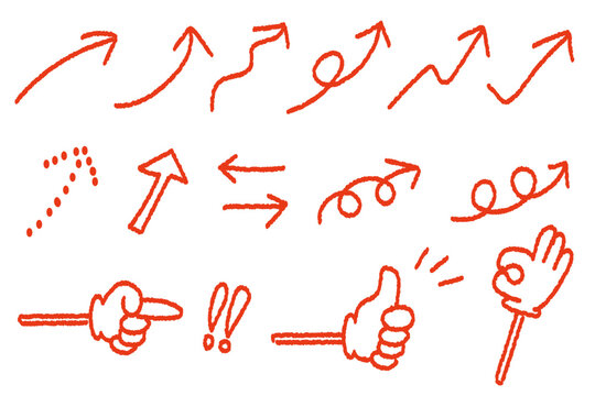 Red Hand Drawn Arrow and Pointing Hand Set for Design and Annotation